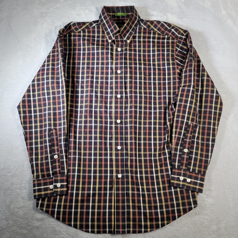 Orvis Button Down Shirt Mens M Black Orange Plaid Long Sleeve Cotton Fall